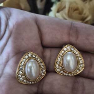 Trifari Gold-Tone Pearl and Clear Crystal Earrings